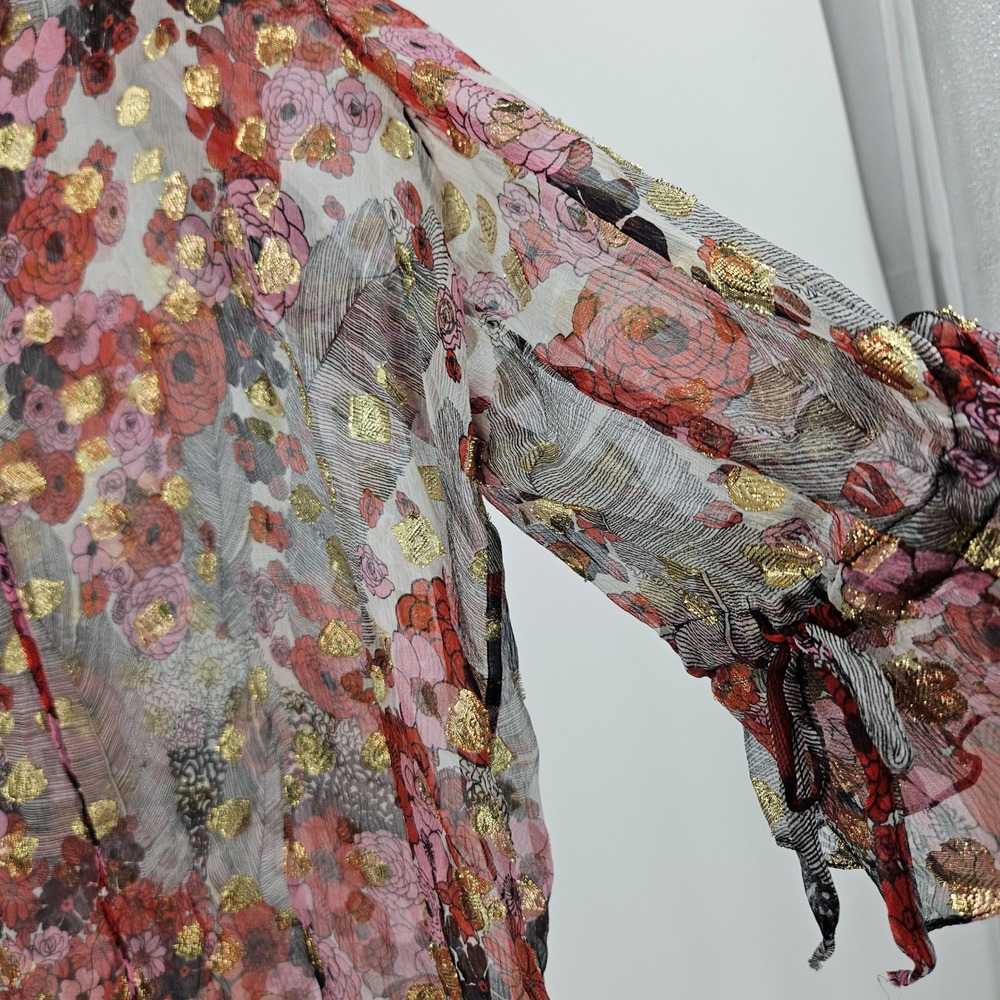 Alexander McQueen Silk Sheer Floral Blouse Maroon Gold Metallic Ruffle Peasant - Picture 8 of 11
